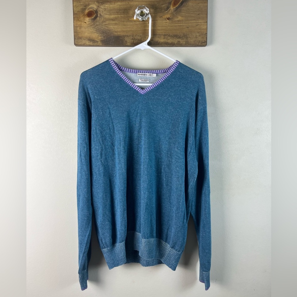 Peter Millar Medium Blue V-Neck Sweater Purple & White Trim-Silk Cashmere Cotton